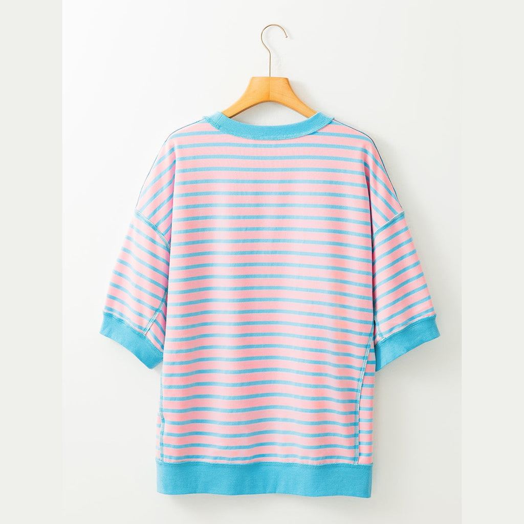 Pink Stripe Oversized Contrast Trim Exposed Seam High Low T