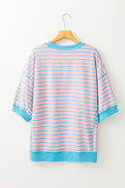 Women's Shirts - T-ShirtsPink Stripe Oversized Contrast Trim Exposed Seam High Low T - VacationGrabs