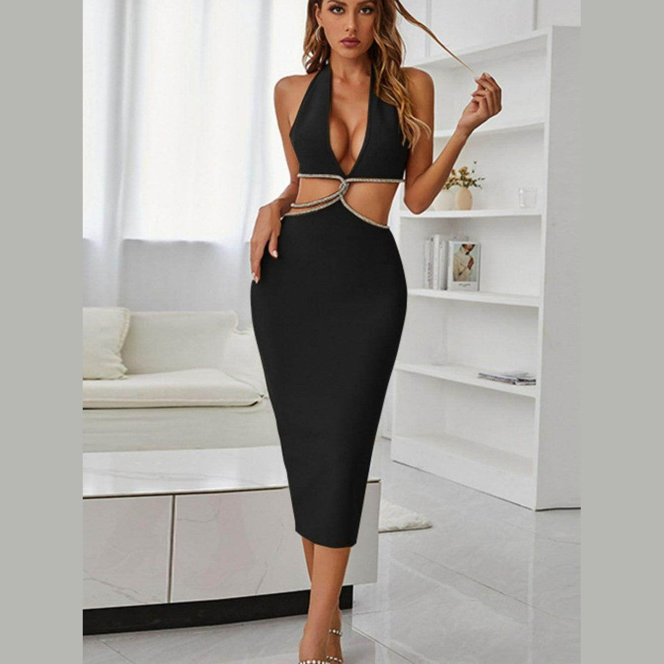 Rhinestone Halter Neck Cutout Slit Midi Dress - VacationGrabs