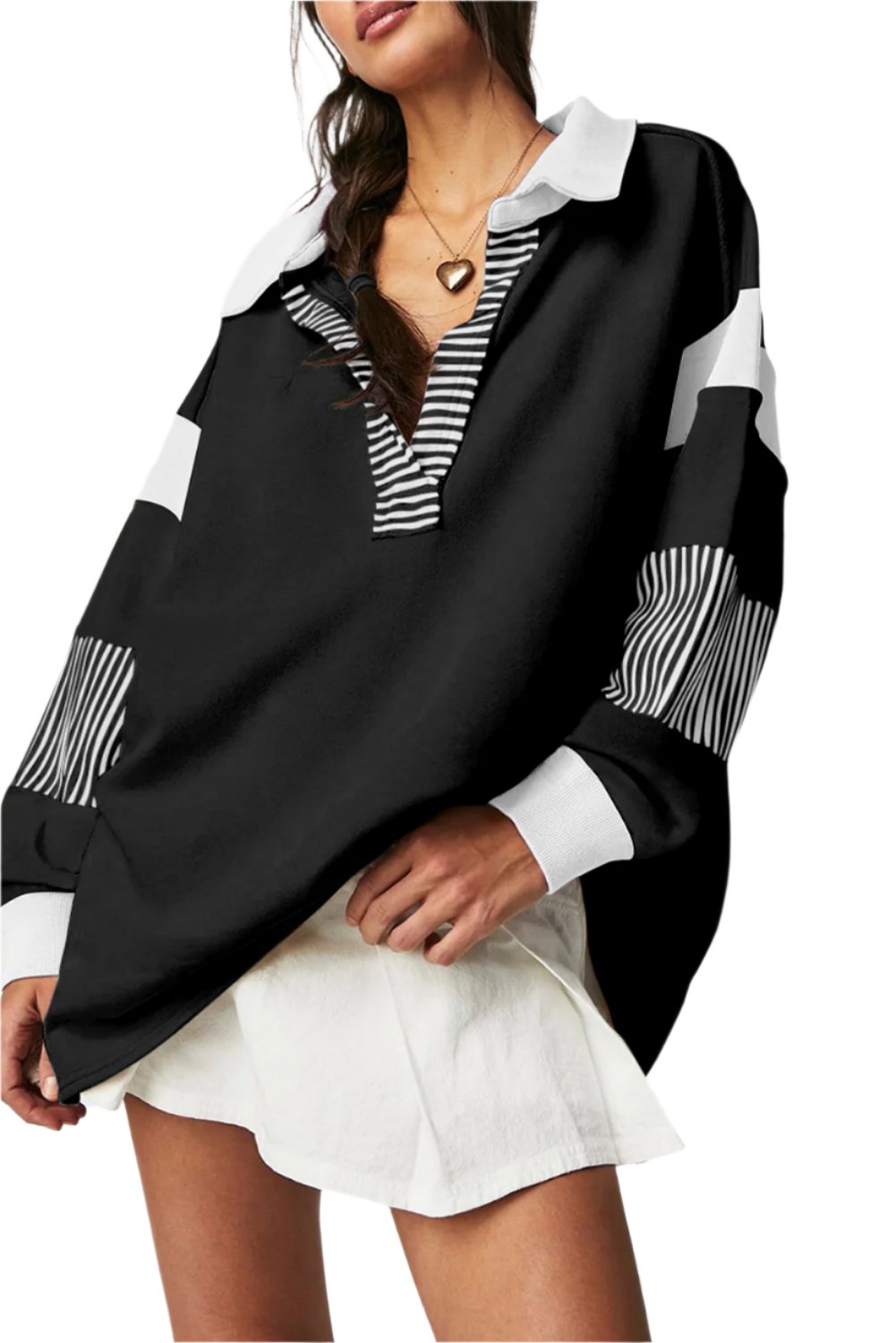 Women's Sweatshirts & HoodiesBlack Striped Colorblock Patchwork Collar Sweatshirt - VacationGrabs