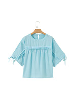 Solid Pleated Tie Sleeve Babydoll Blouse