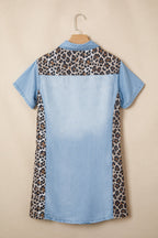Leopard Patchwork Colorblock Shirt Collar Mini Dress