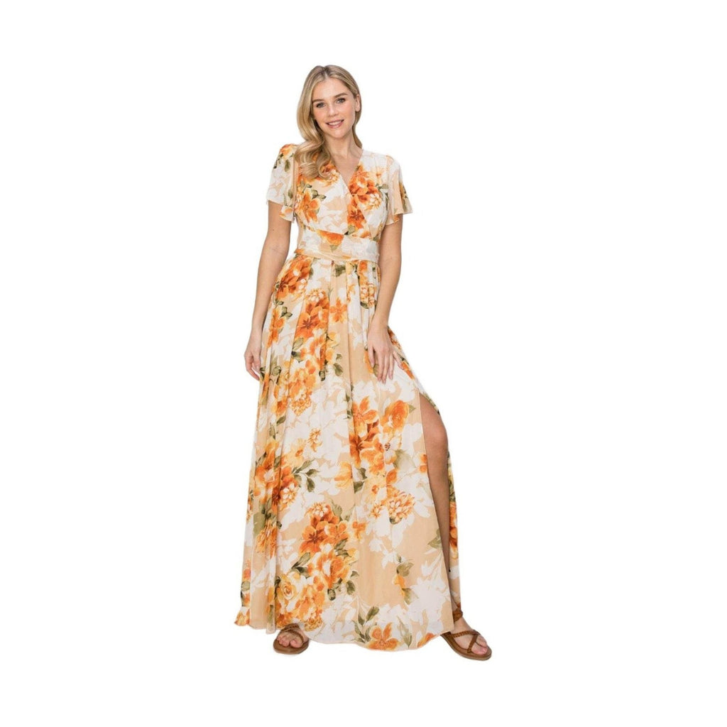 HYFVE Floral Tie Back Short Sleeve Slit Maxi Dress - VacationGrabs
