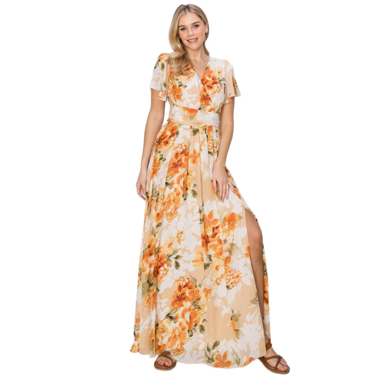 HYFVE Floral Tie Back Short Sleeve Slit Maxi Dress - VacationGrabs