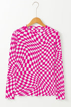 Long sleeve checkerboard shirt women in vibrant pink and white design with a trendy wavy pattern