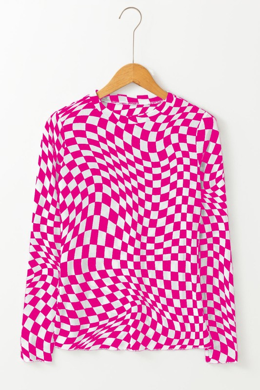 Long sleeve checkerboard shirt women in vibrant pink and white design with a trendy wavy pattern