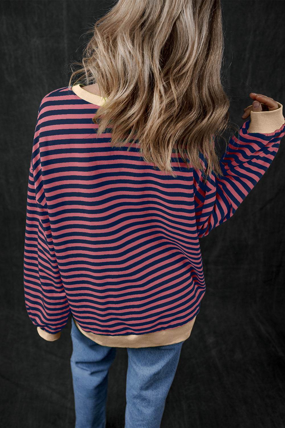 Red Stripe Oversized Contrast Trim Pullover Sweatshirt - VacationGrabs