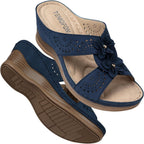 Women's Leather Low Wedge Sandals, Open Toe Slide