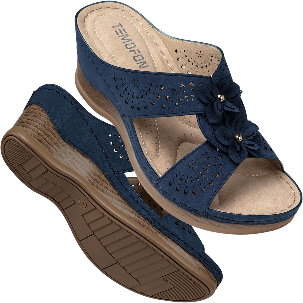 Women's Leather Low Wedge Sandals, Open Toe Slide