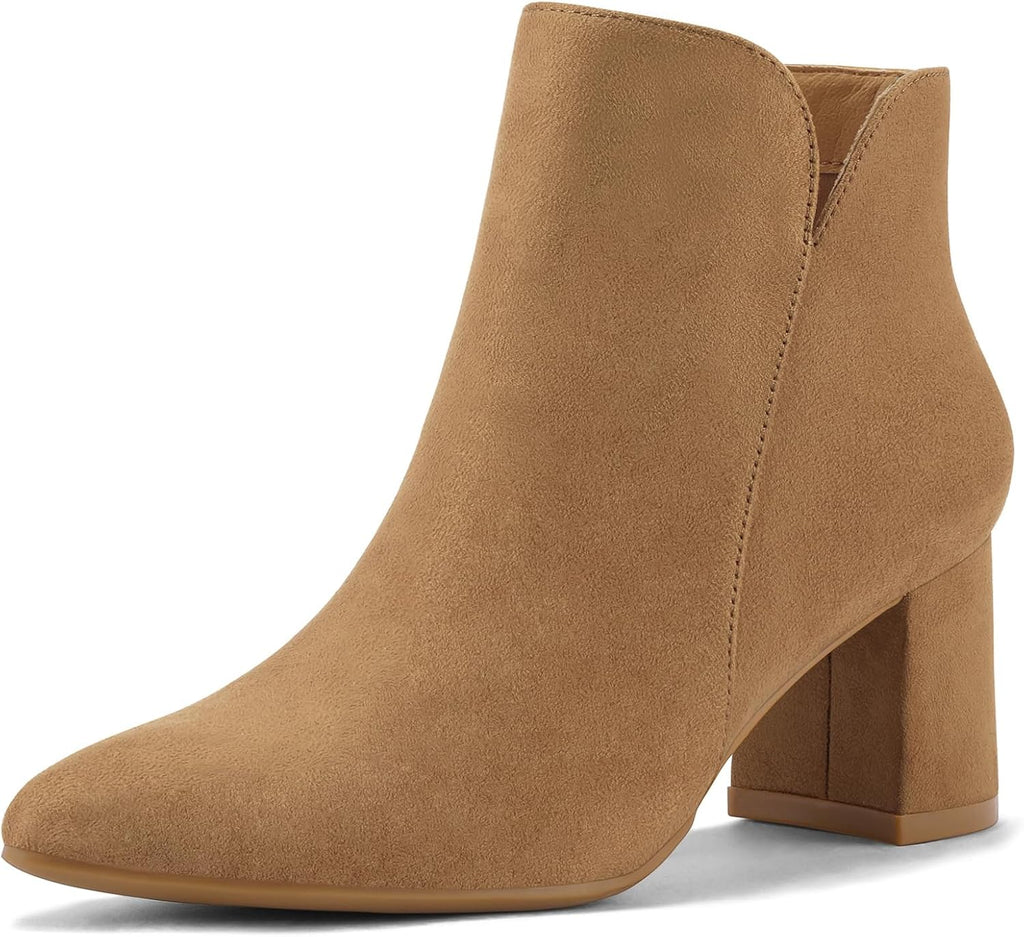 Women's Chunky Heel Ankle Boots with Pointed Toe, Side Zip