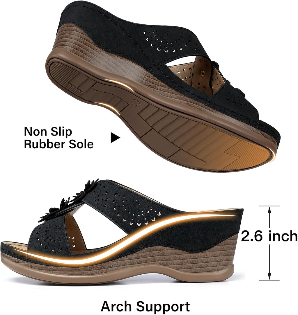 Women's Leather Low Wedge Sandals, Open Toe Slide