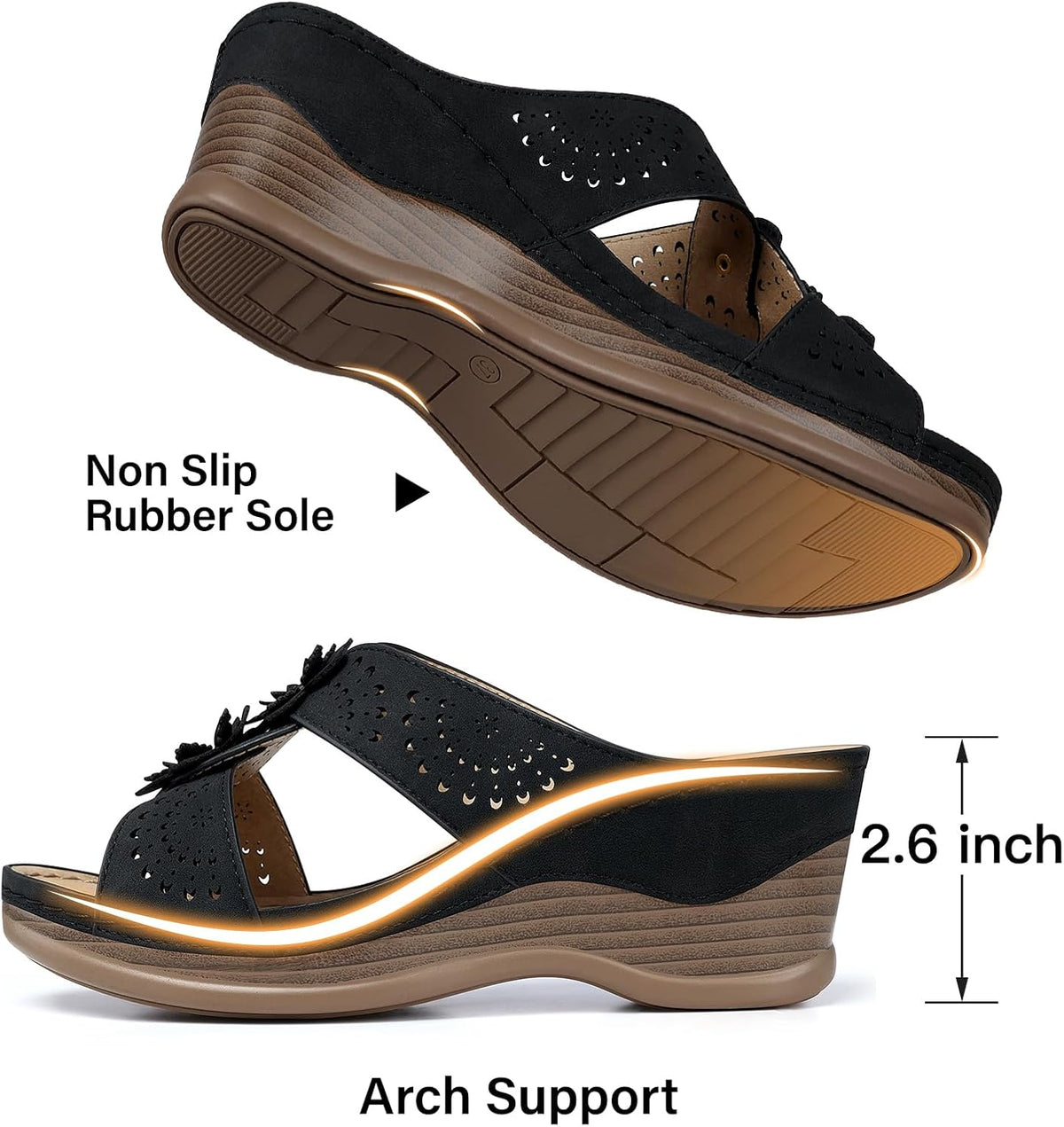 Women's Leather Low Wedge Sandals, Open Toe Slide