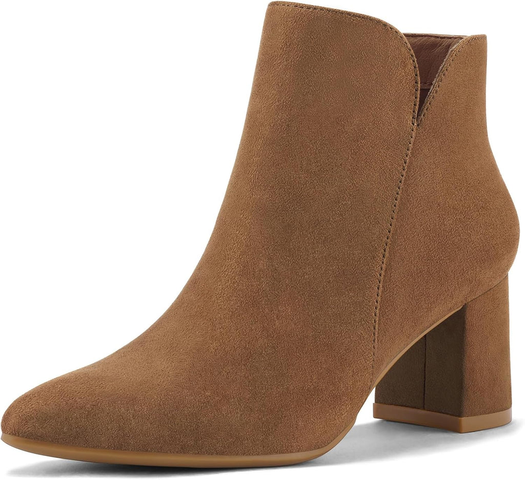 Women's Chunky Heel Ankle Boots with Pointed Toe, Side Zip