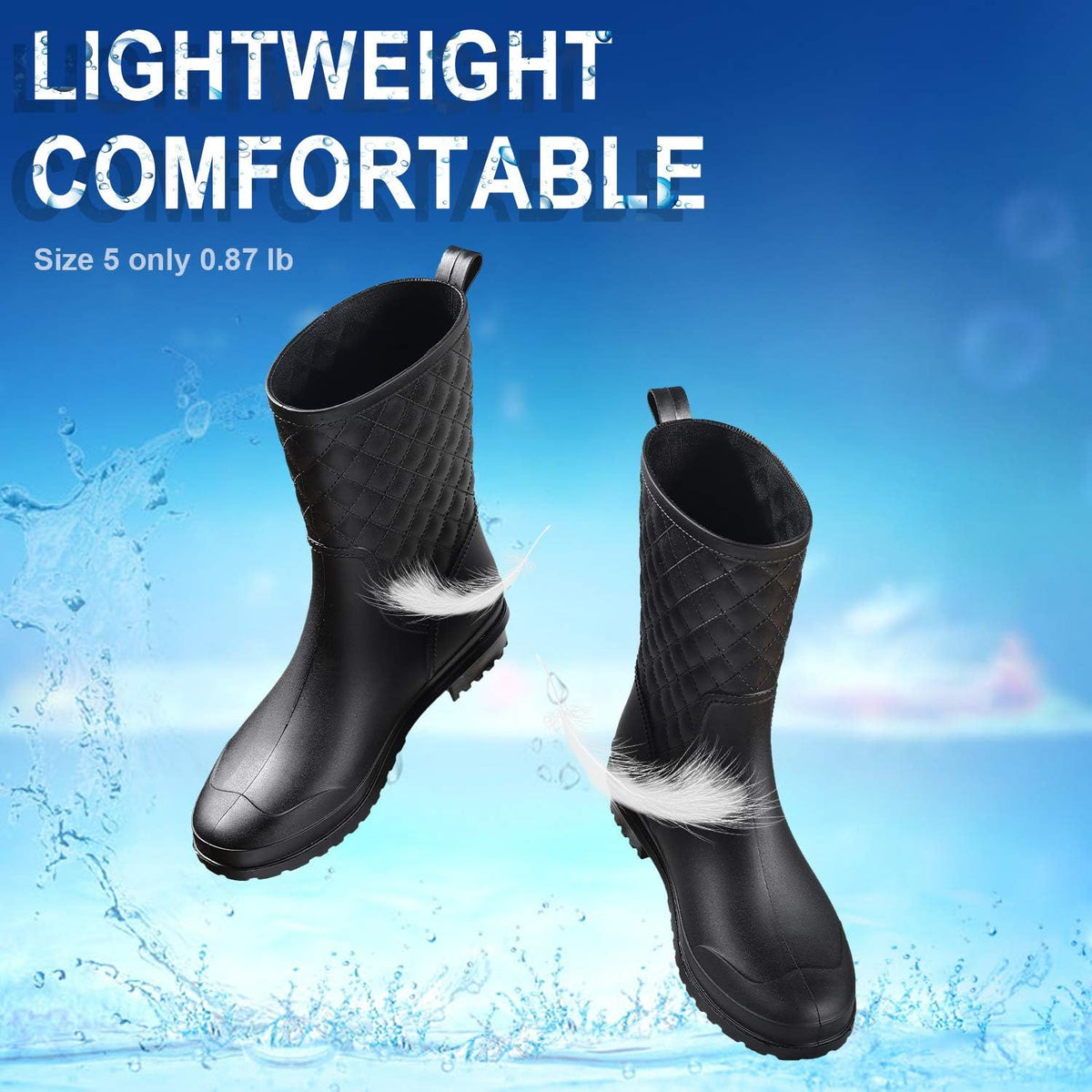 Women's Waterproof Mid-Calf Rain Boots, Quilted & Lightweight