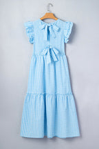 Gingham Knot Back Ruffle Short Sleeve Maxi Dress