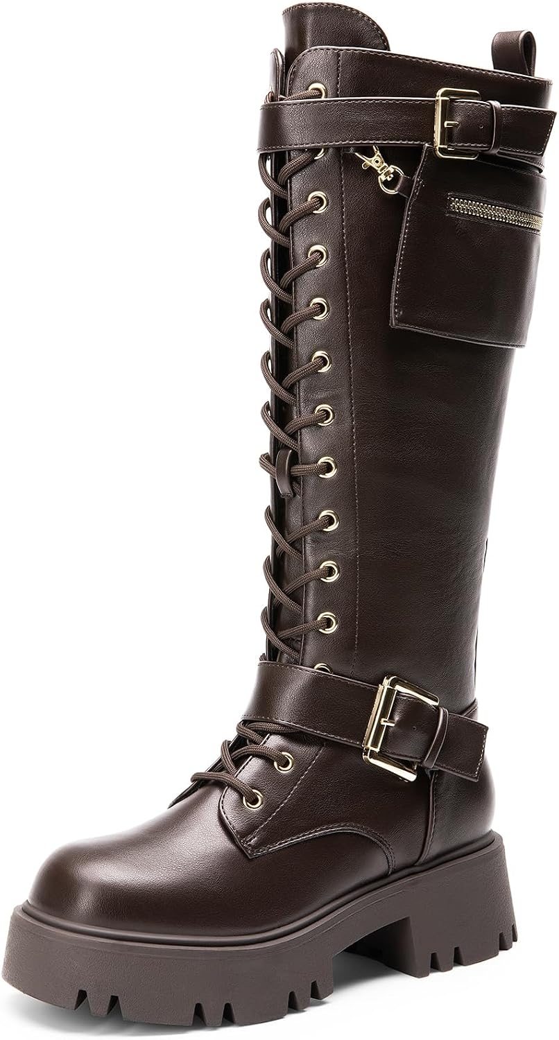 Women's Knee High Platform Combat Boots with Lace-Up Front