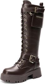 Women's Knee High Platform Combat Boots with Lace-Up Front
