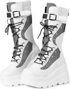 Women's Platform Mid Calf Boots, Lace-Up Gothic Lug Sole