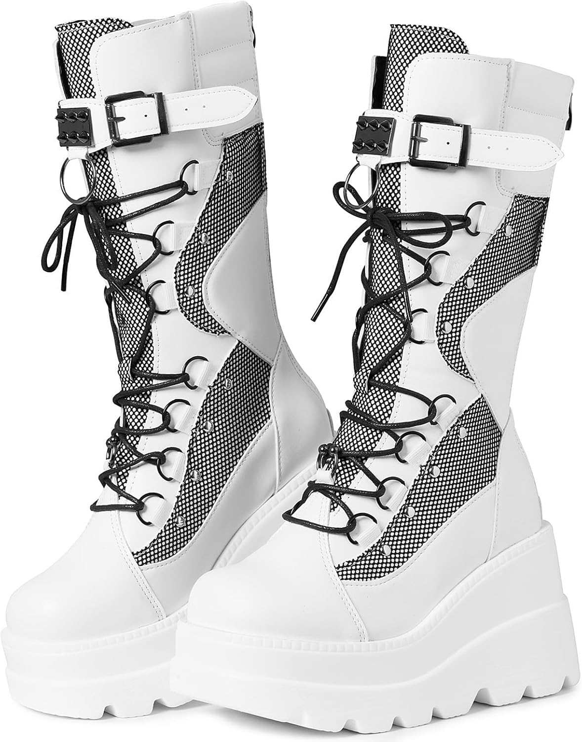 Women's Platform Mid Calf Boots, Lace-Up Gothic Lug Sole