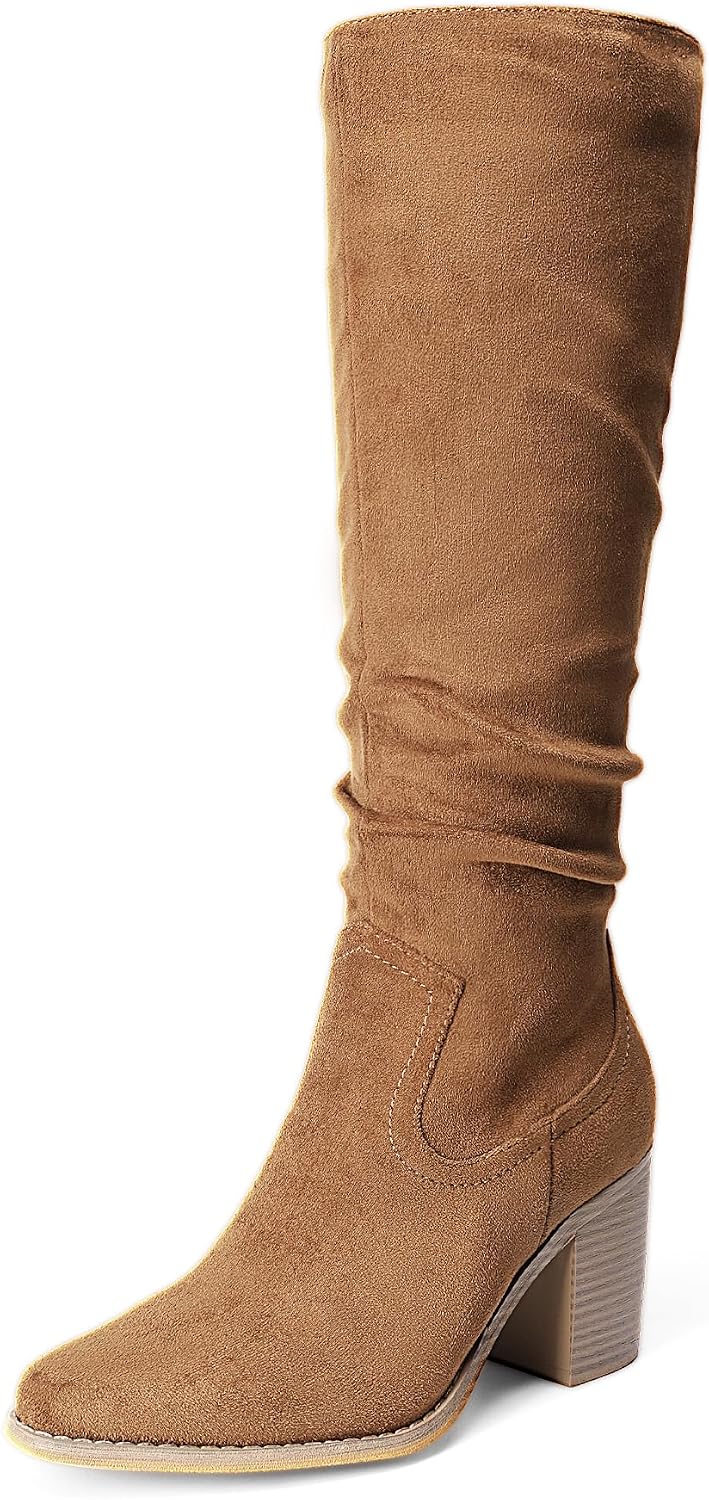 Women's Knee-High Chunky Heel Boots, Slouchy Suede-Look