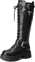 Women's Knee High Platform Combat Boots with Lace-Up Front