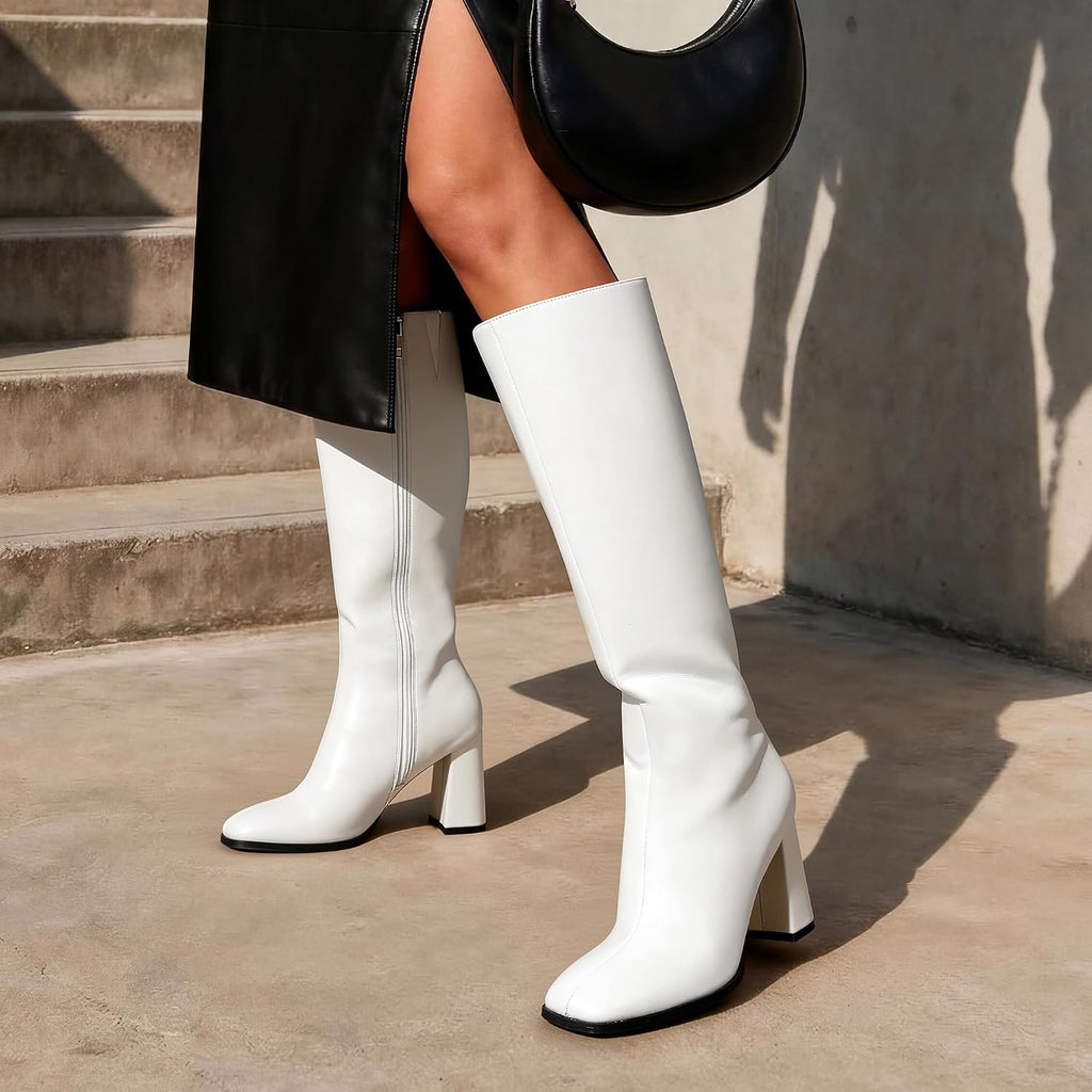 Women's Knee High Square Toe Boots, 3.35" Block Heel