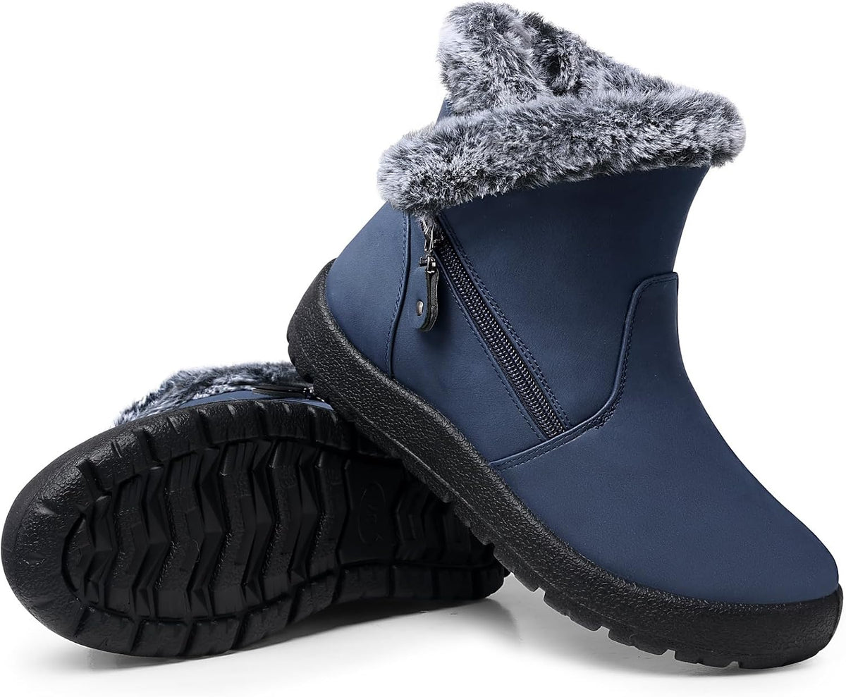 Women's Waterproof Fur Lined Ankle Snow Boots with Side Zip