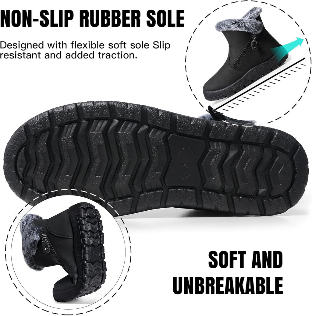 Women's Waterproof Fur Lined Ankle Snow Boots with Side Zip