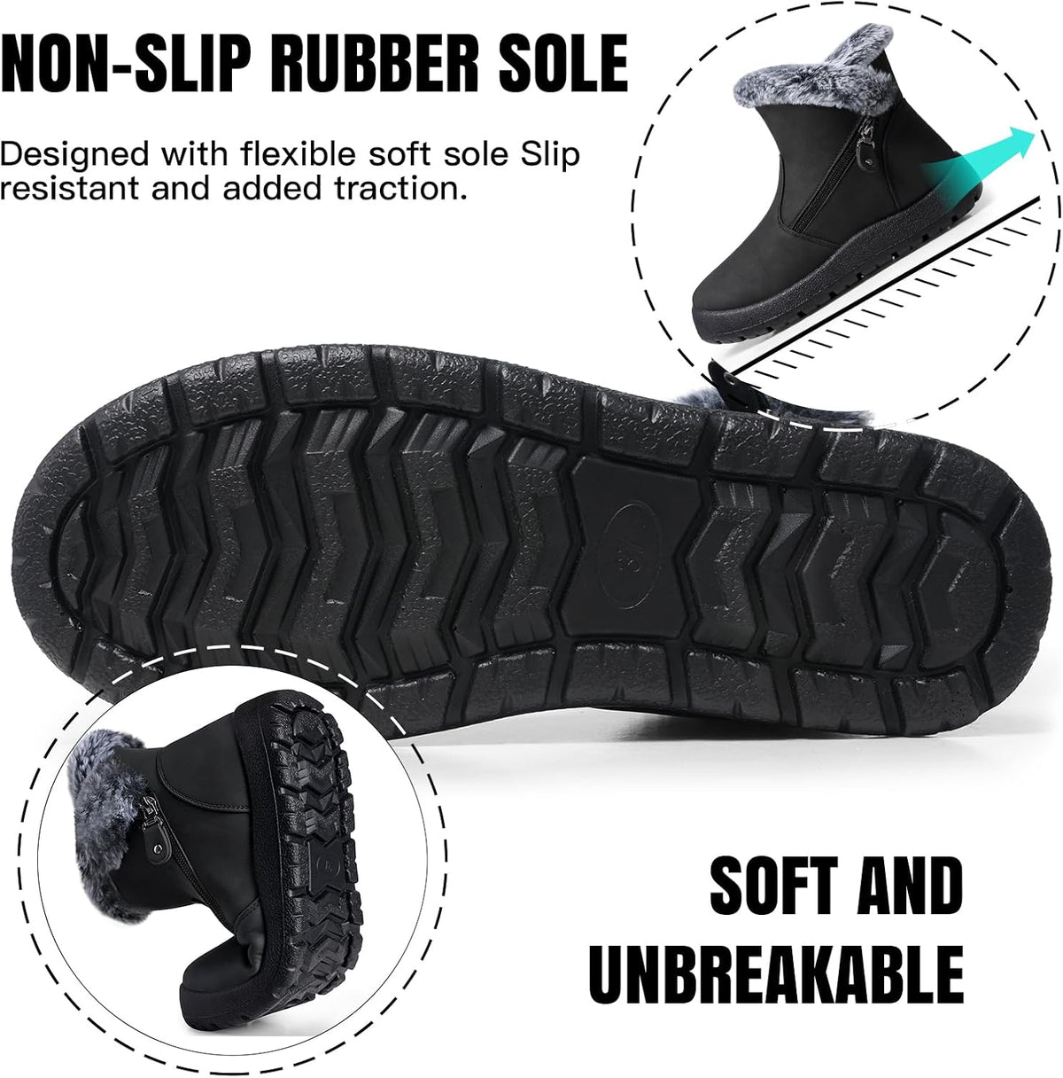 Women's Waterproof Fur Lined Ankle Snow Boots with Side Zip