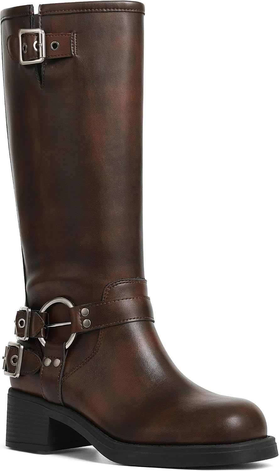 Women's Knee High Moto Boots with Buckles, Chunky Heel
