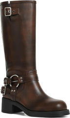 Women's Knee High Moto Boots with Buckles, Chunky Heel