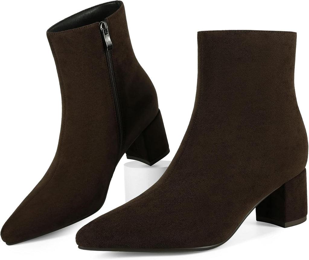 Women's Chunky Heel Ankle Boots, Pointed Toe Leather Booties