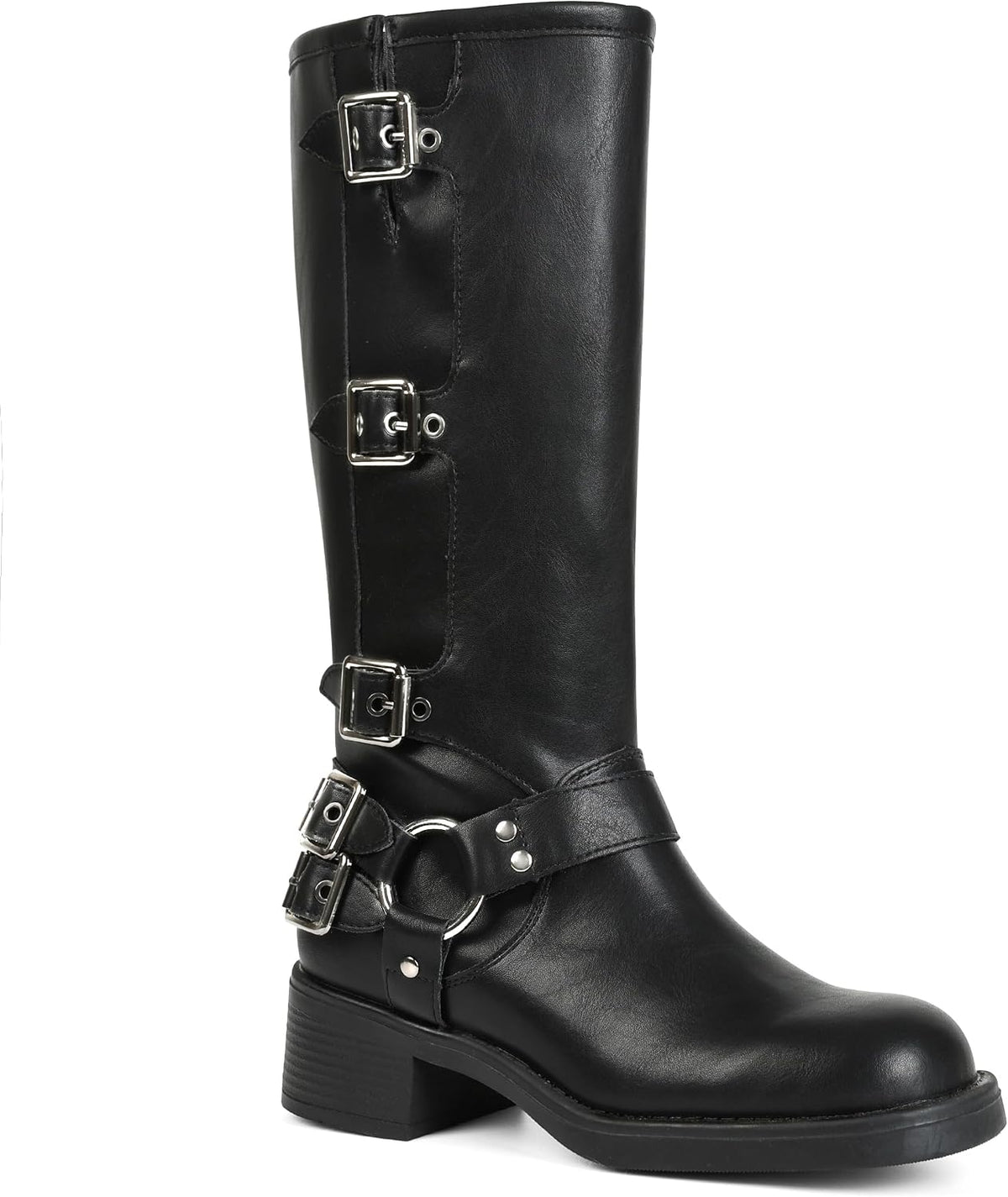 Women's Knee High Moto Boots with Buckles, Chunky Heel