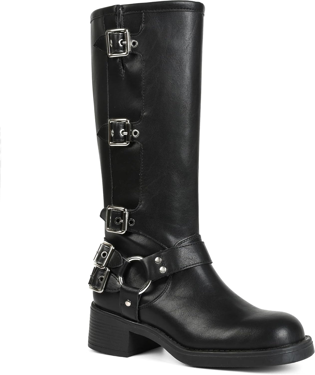 Women's Knee High Moto Boots with Buckles, Chunky Heel