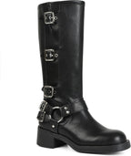 Women's Knee High Moto Boots with Buckles, Chunky Heel