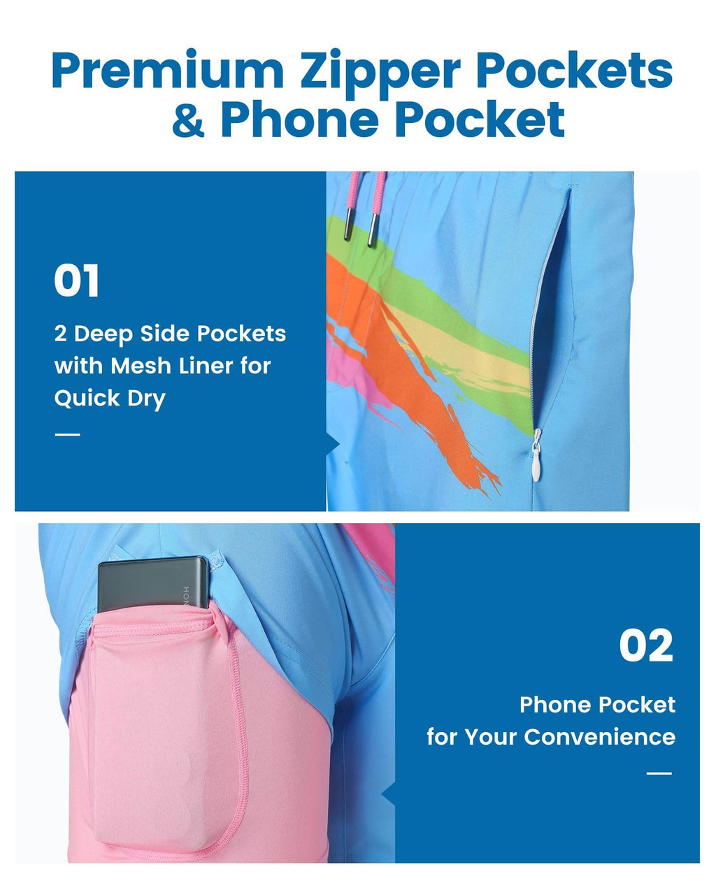 Mens Swim Trunks Compression Liner Quick Dry Zipper Pockets - VacationGrabs