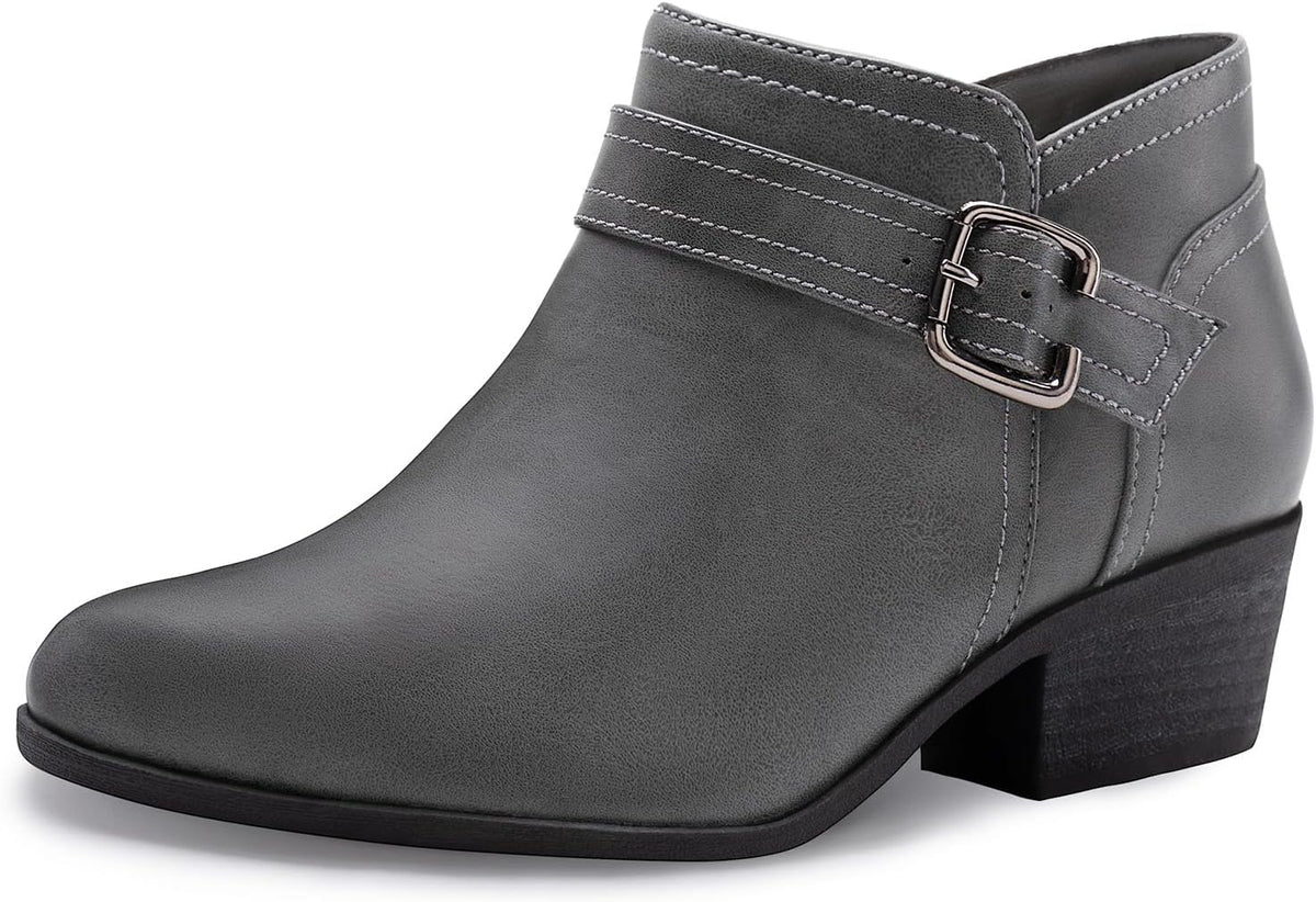 Women's Chunky Heel Ankle Boots with Zip & Metal Buckle