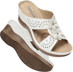 Women's Leather Low Wedge Sandals, Open Toe Slide