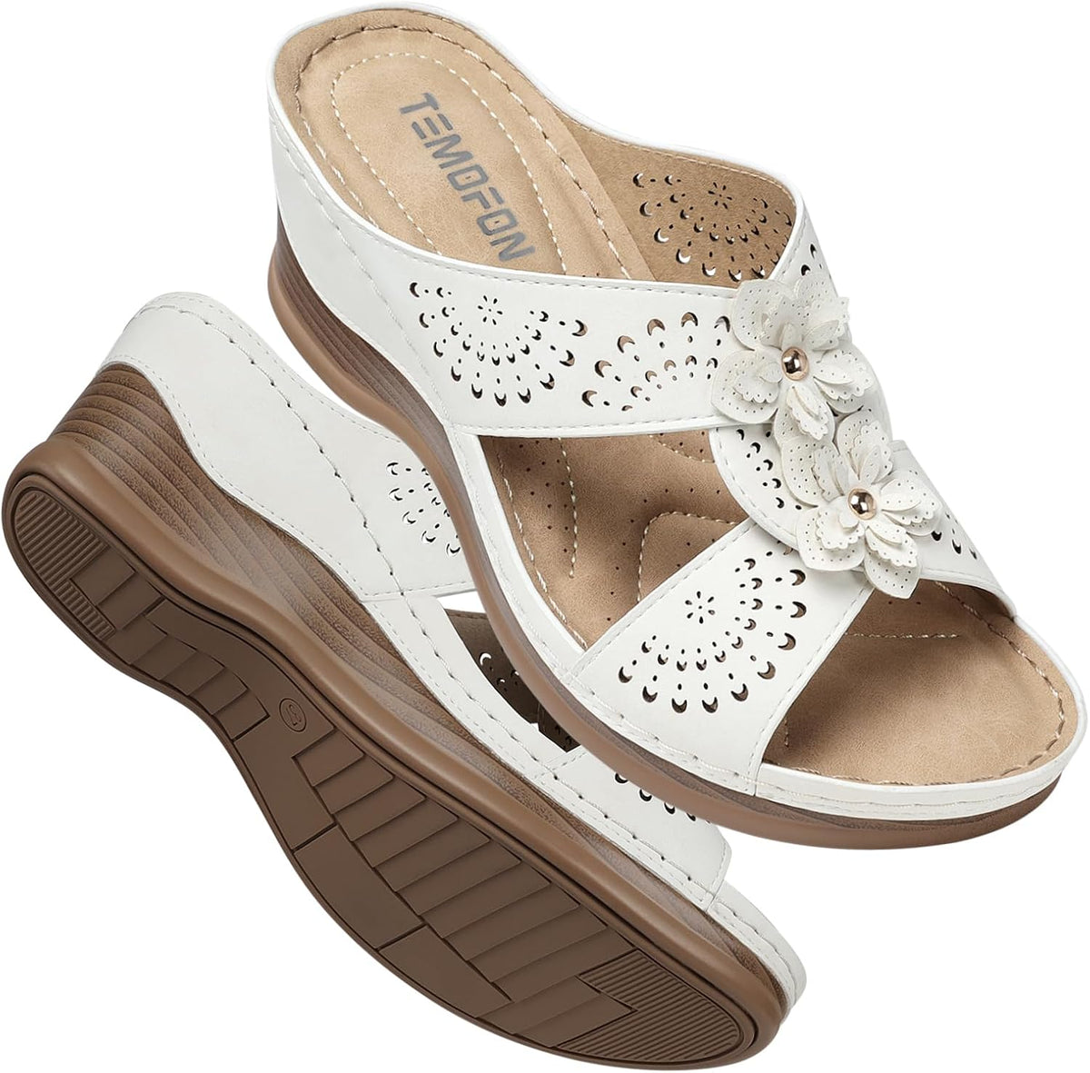 Women's Leather Low Wedge Sandals, Open Toe Slide