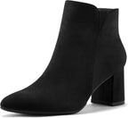 Women's Chunky Heel Ankle Boots with Pointed Toe, Side Zip