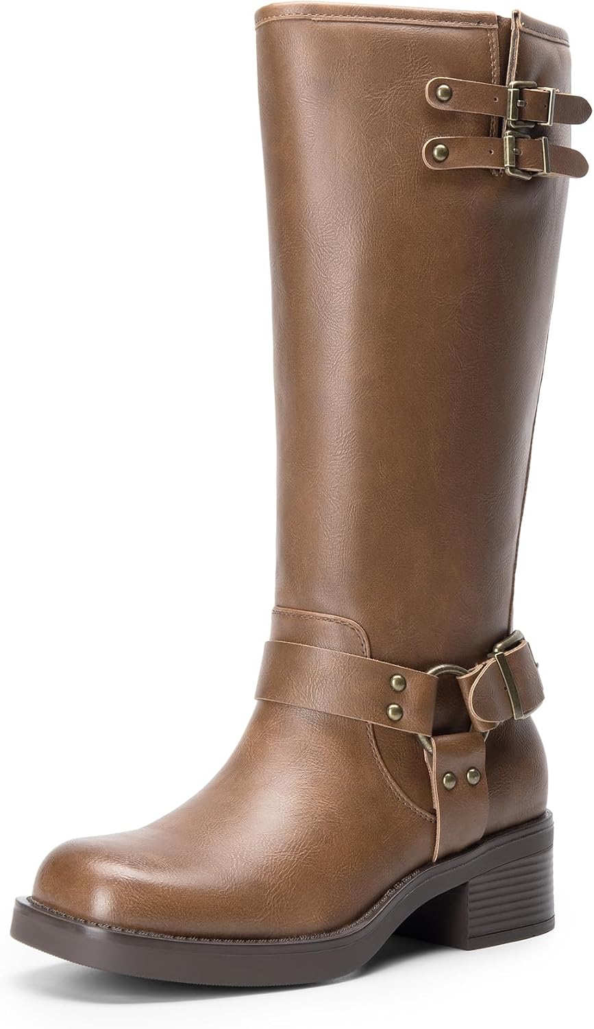 Women's Moto Knee High Boots with Block Heel & Buckles