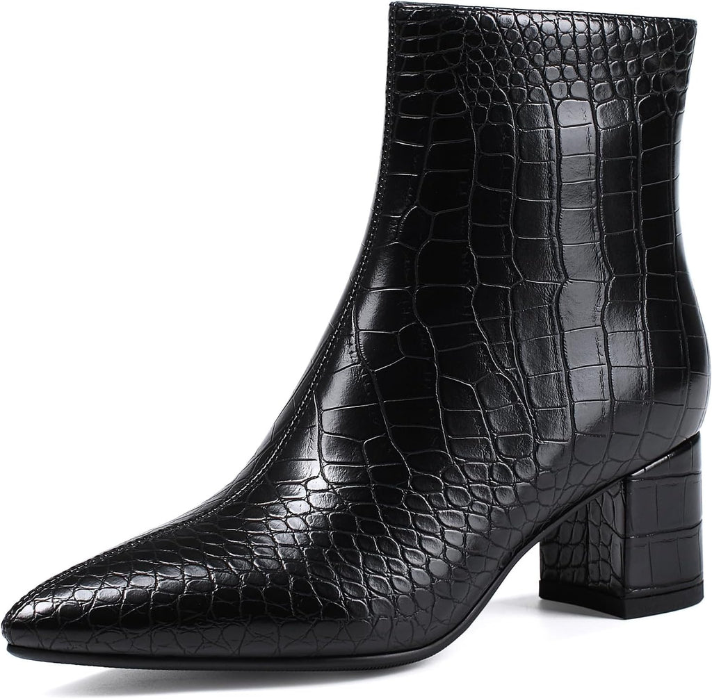 Women's Chunky Heel Ankle Boots, Pointed Toe Leather Booties
