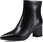 Women's Chunky Heel Ankle Boots, Pointed Toe Leather Booties