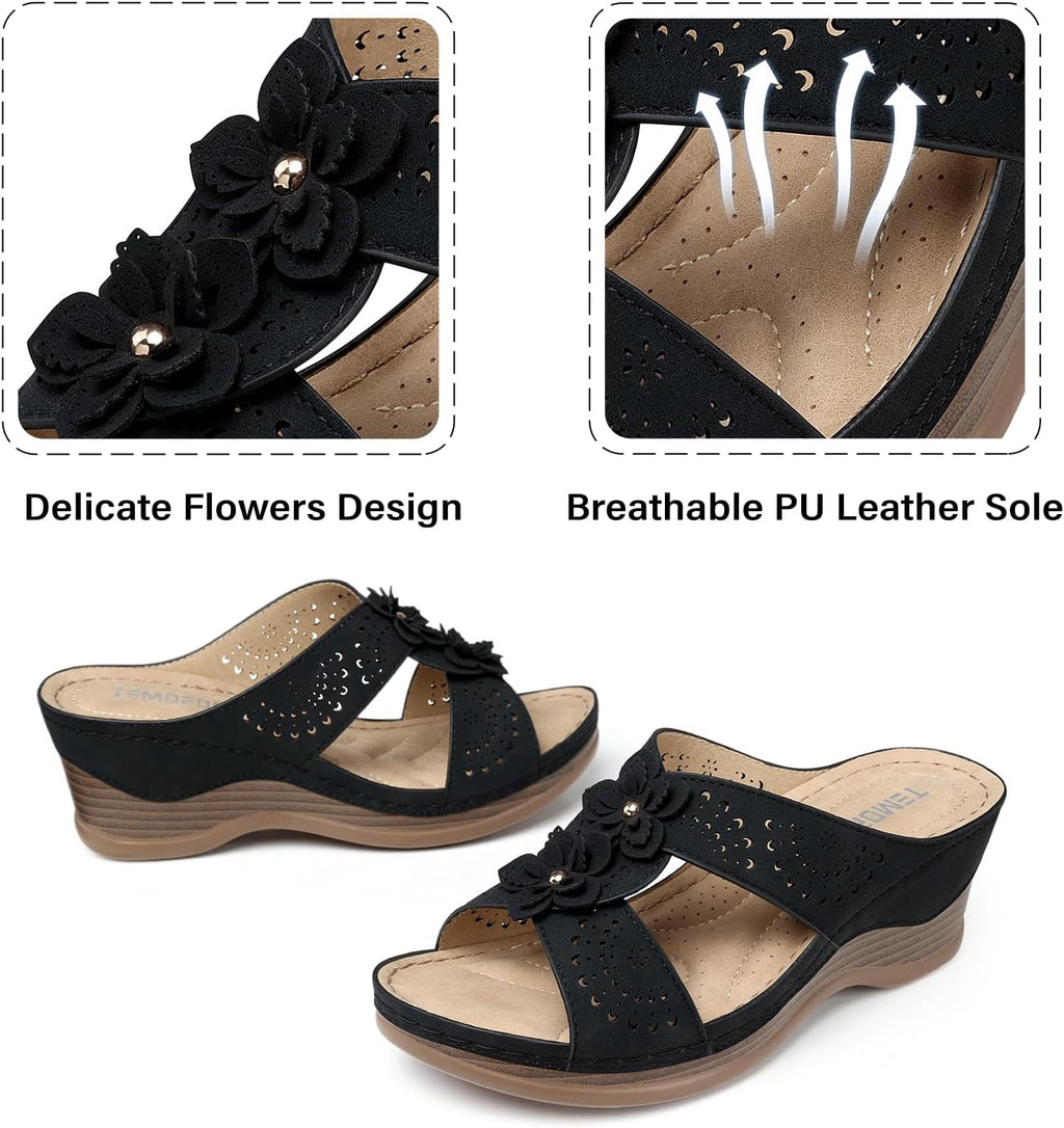 Women's Leather Low Wedge Sandals, Open Toe Slide