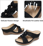 Women's Leather Low Wedge Sandals, Open Toe Slide