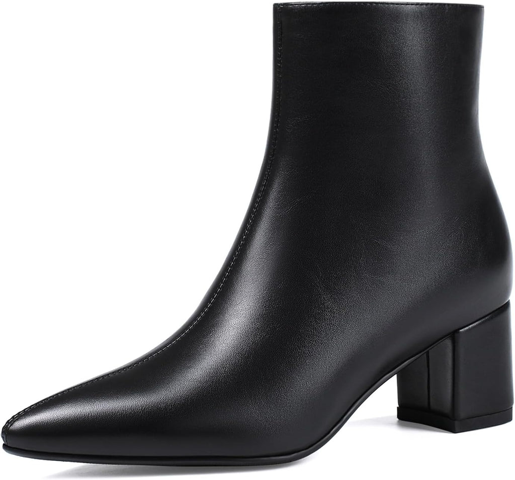 Women's Chunky Heel Ankle Boots, Pointed Toe Leather Booties