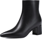 Women's Chunky Heel Ankle Boots, Pointed Toe Leather Booties