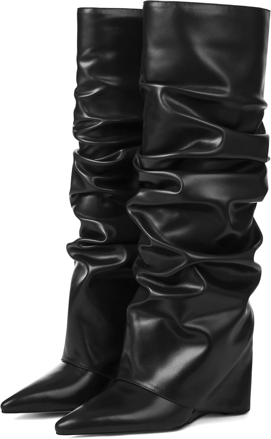 Women's Wedge Heel Fold Over Knee High Boots, Wide Calf