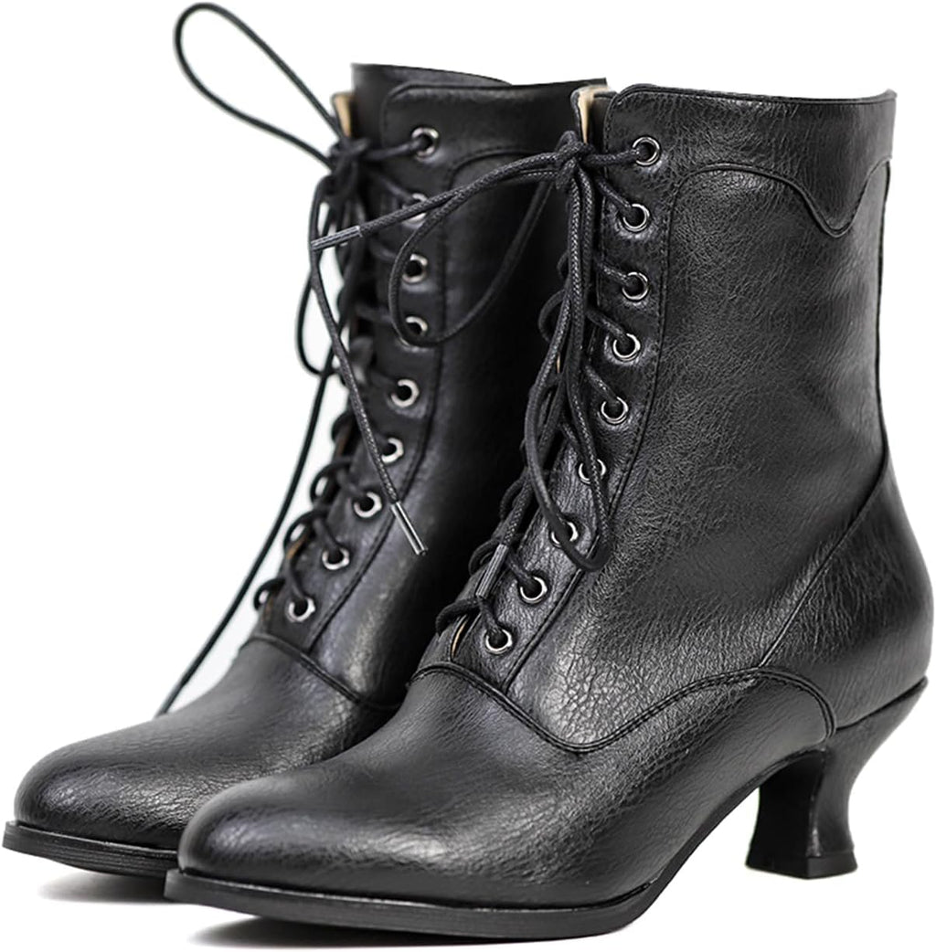 Women's Black Chunky Heel Lace-Up Mid Calf Victorian Boots