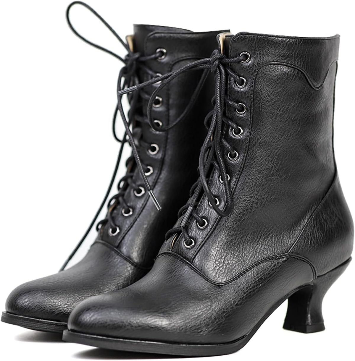 Women's Black Chunky Heel Lace-Up Mid Calf Victorian Boots